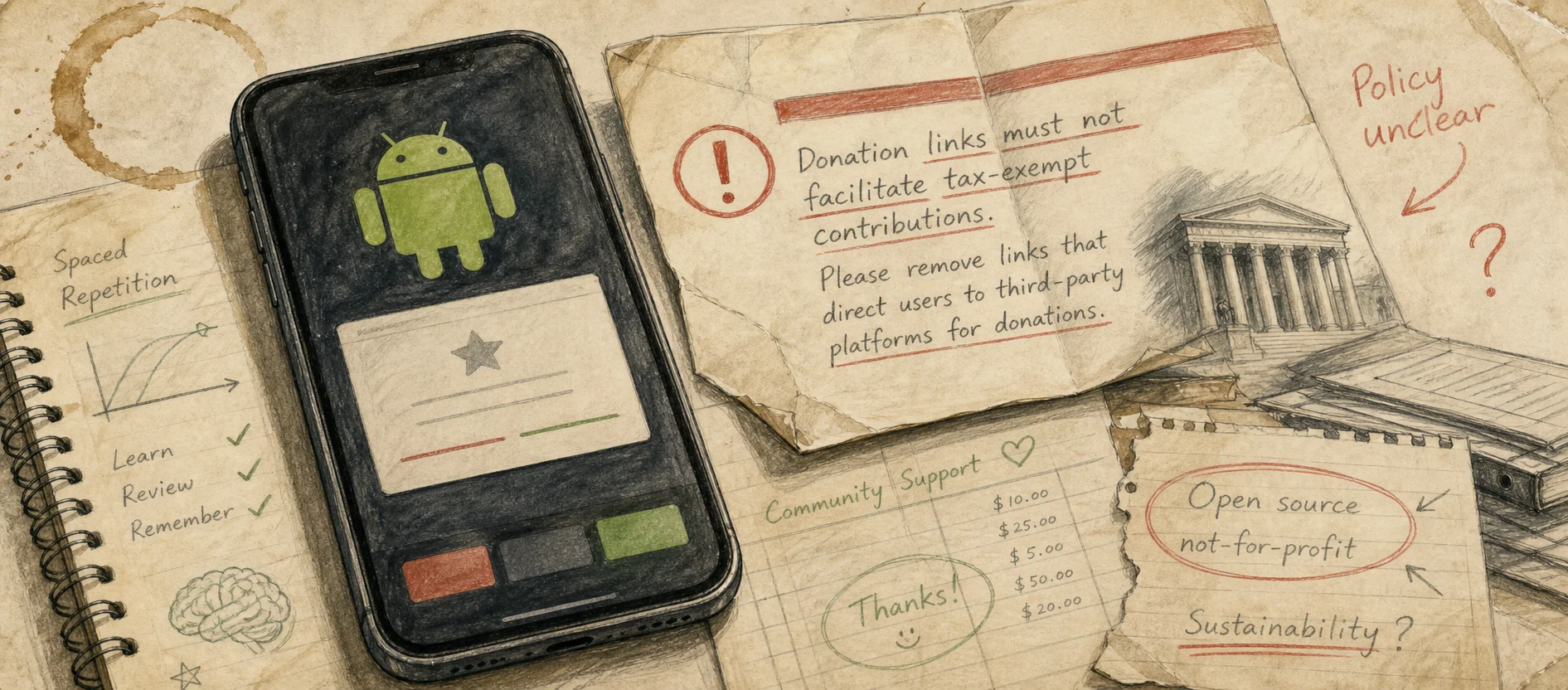 Worn journal thumbnail for the AnkiDroid donation-link story