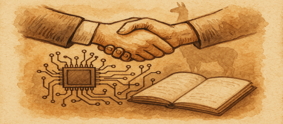 Journal illustration: a handshake above a circuit board and an open notebook