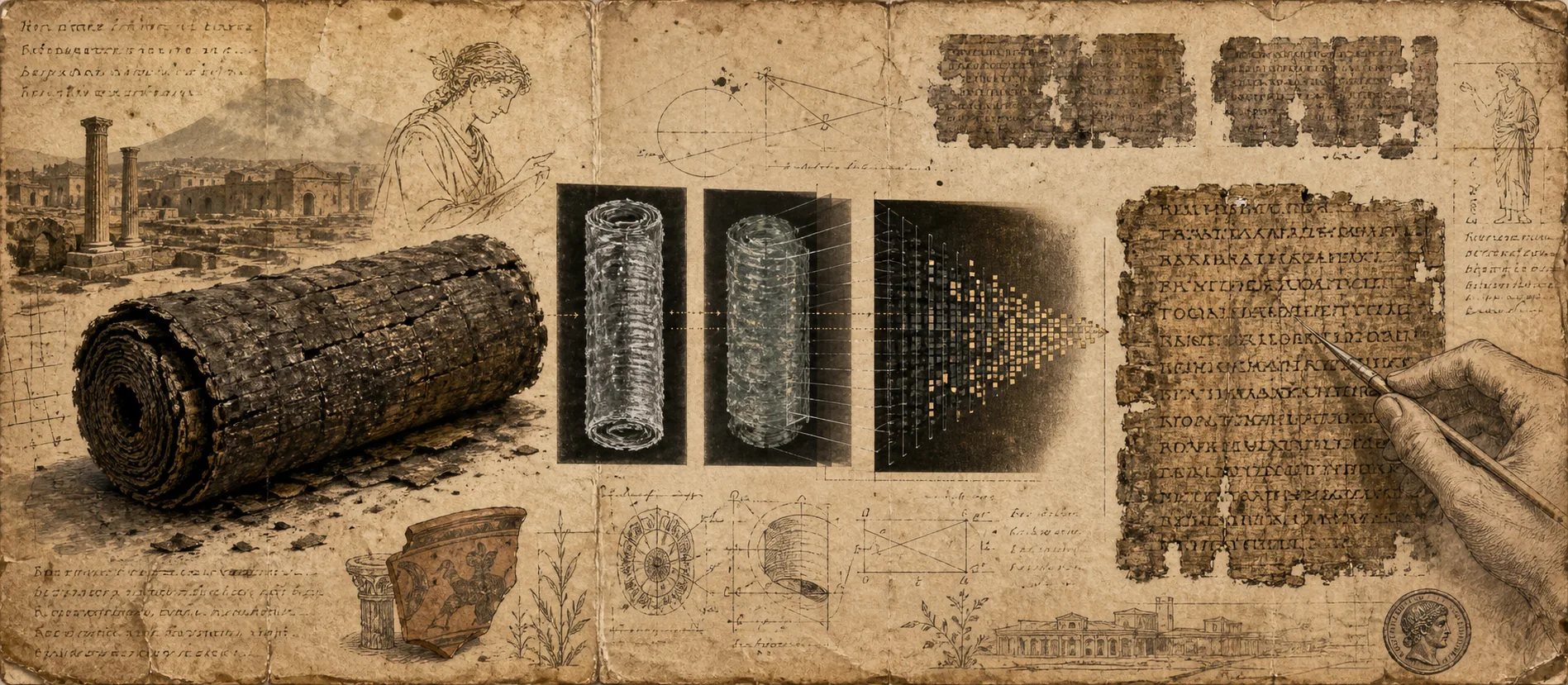 Worn journal thumbnail for the Herculaneum scroll story
