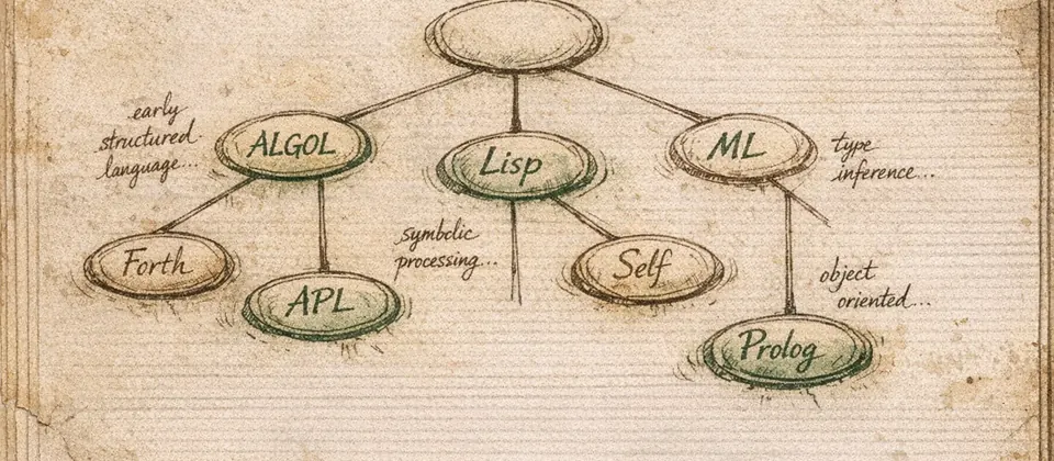 Worn journal spread showing a hand-drawn family tree of programming languages and compiler notes