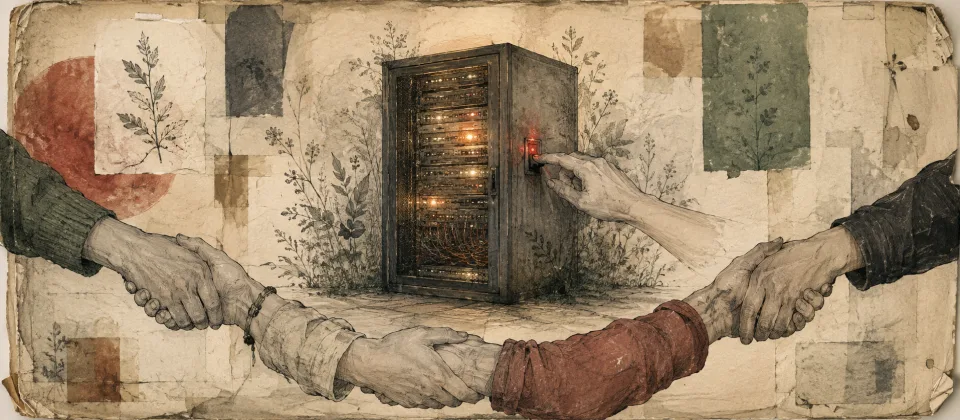 Worn journal thumbnail of a community server being switched off