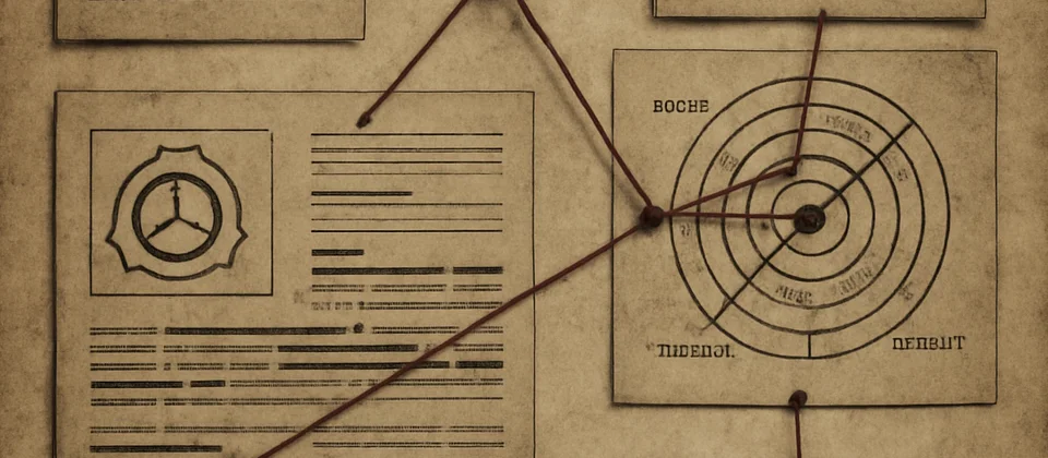 Aged casefile journal with red string and erased notes