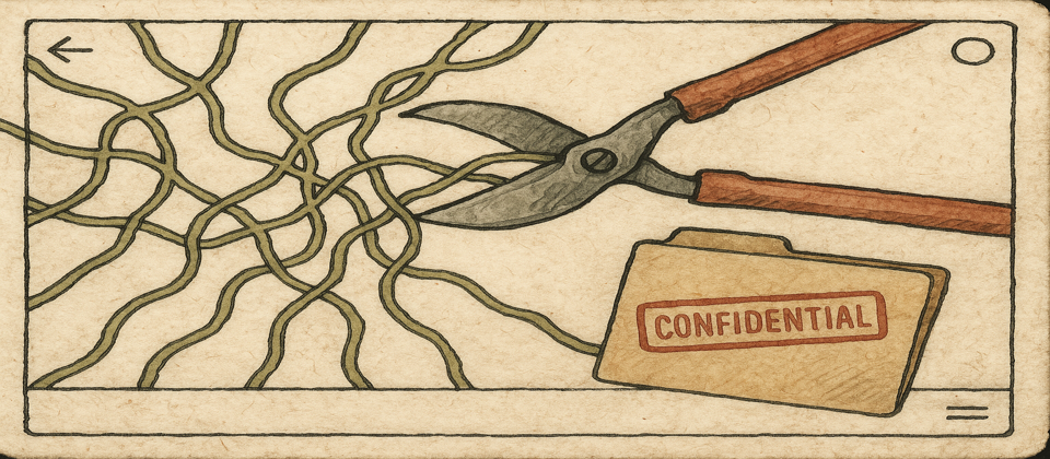 Journal illustration: pruning shears over a git branch map and a stamped folder