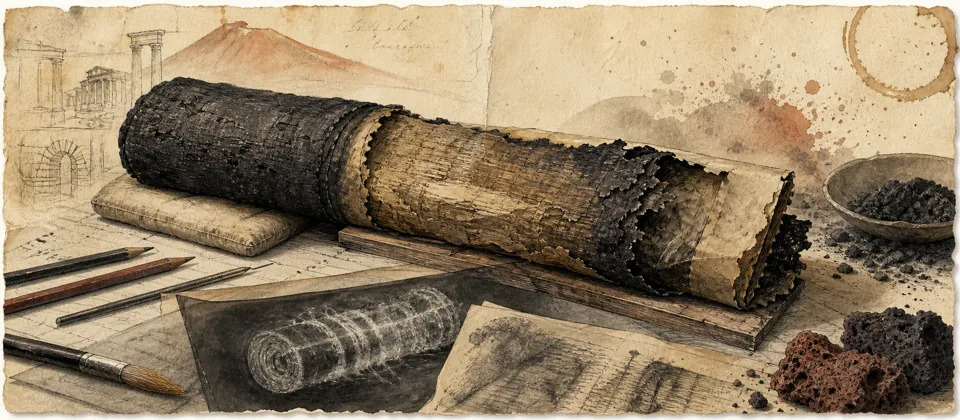Worn journal thumbnail for the Herculaneum scroll story