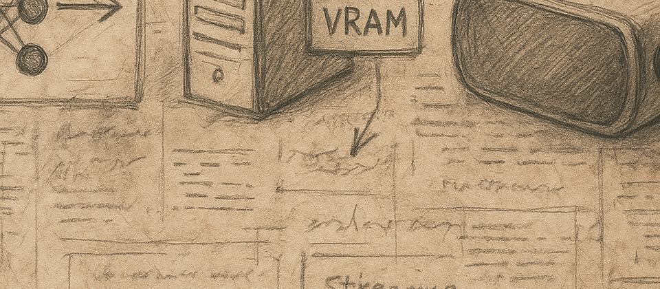 Aged engineering notebook with single-GPU training diagrams and streamed model-weight sketches
