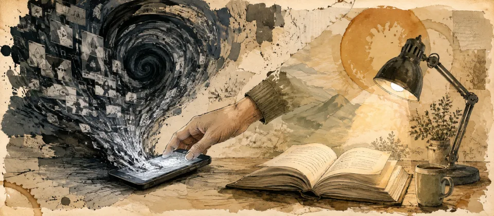 Worn journal thumbnail contrasting a phone vortex with an open book