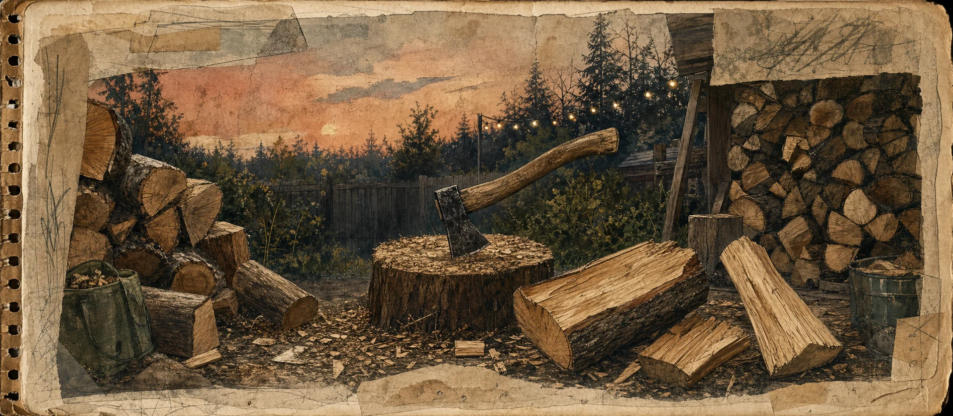 Worn journal thumbnail for the firewood simulator story