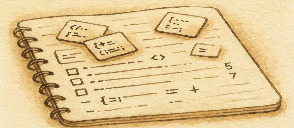 Journal illustration: tiny code cards and checkboxes scattered across a notebook