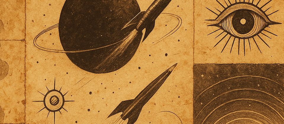 Worn retro sci-fi journal collage with abstract organic textures and cosmic sketch notes