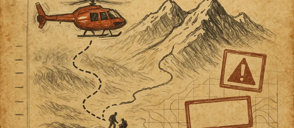 Worn travel journal with mountain rescue notes and warning stamps