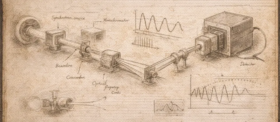 Worn lab journal with hand-drawn beamline optics, comb-wave diagrams, and calibration notes