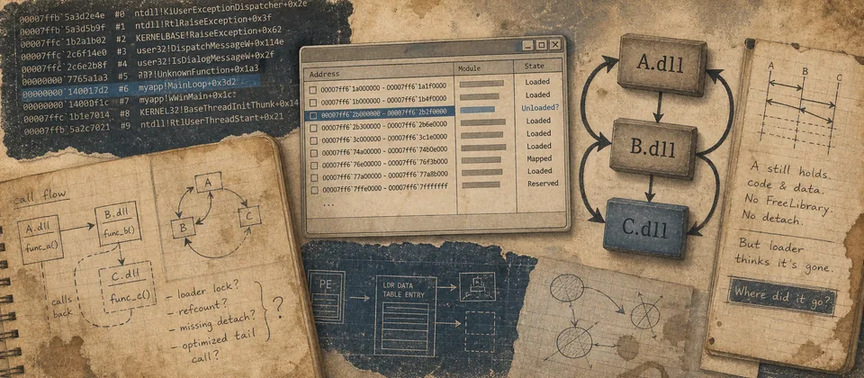 Worn journal thumbnail for the DLL debugging story