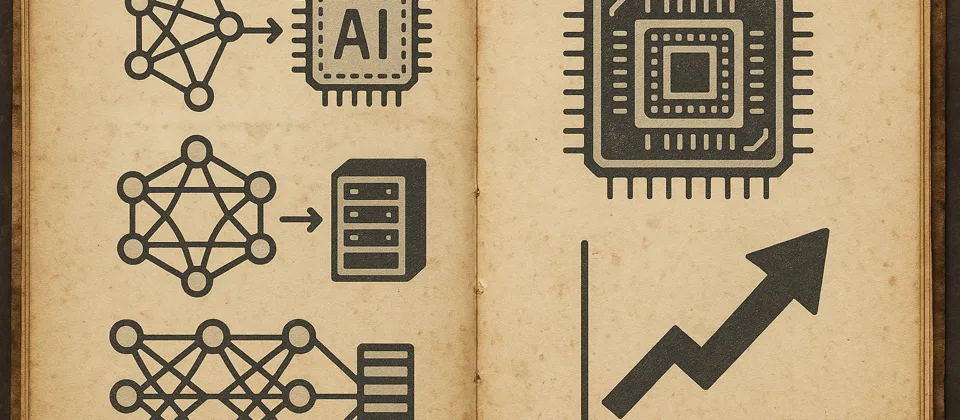 Vintage lab notebook with edge AI chip diagrams and benchmark arrows