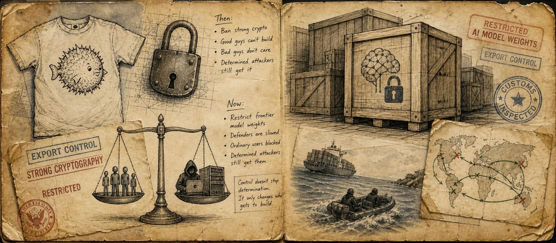 Worn journal thumbnail for the model-weights export controls story