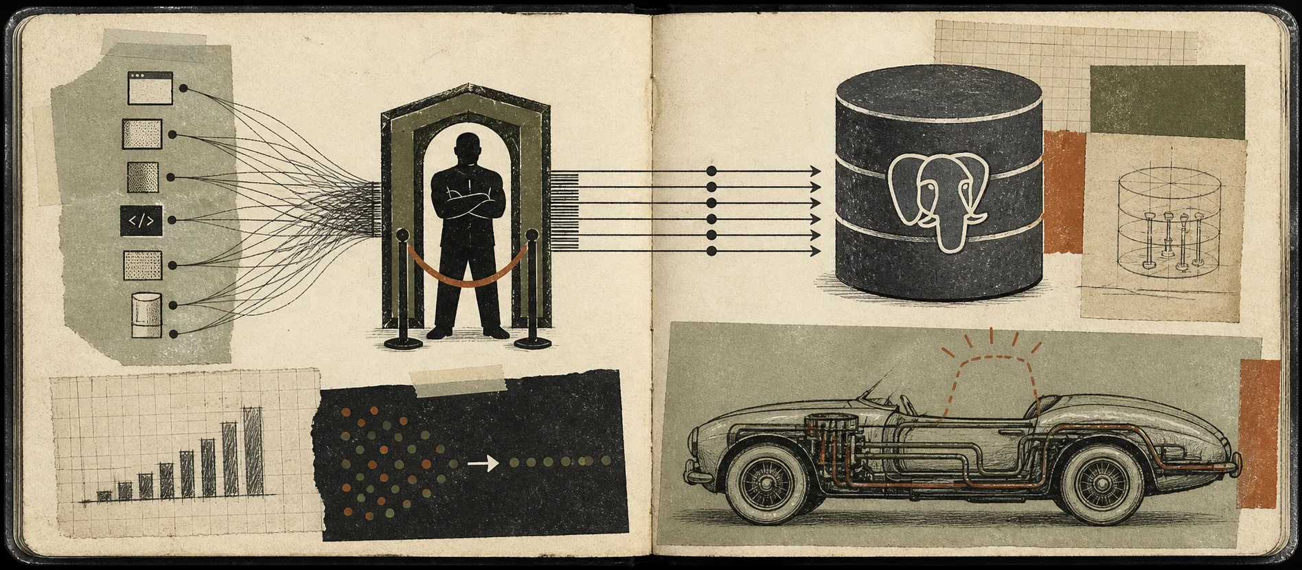Worn journal thumbnail for the PgBouncer and Postgres story