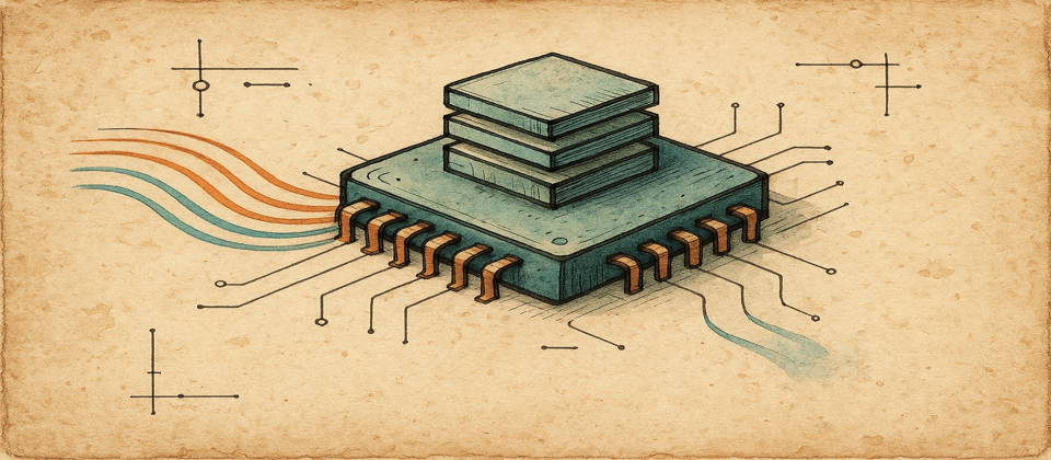 Journal illustration: a custom silicon chip fused with memory stacks and token streams