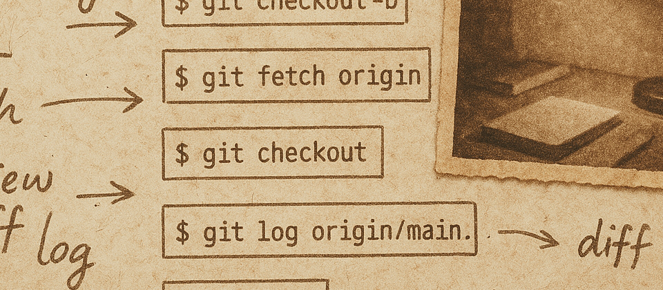 Worn developer journal with commit graphs, revision aliases, and command-line workflow notes