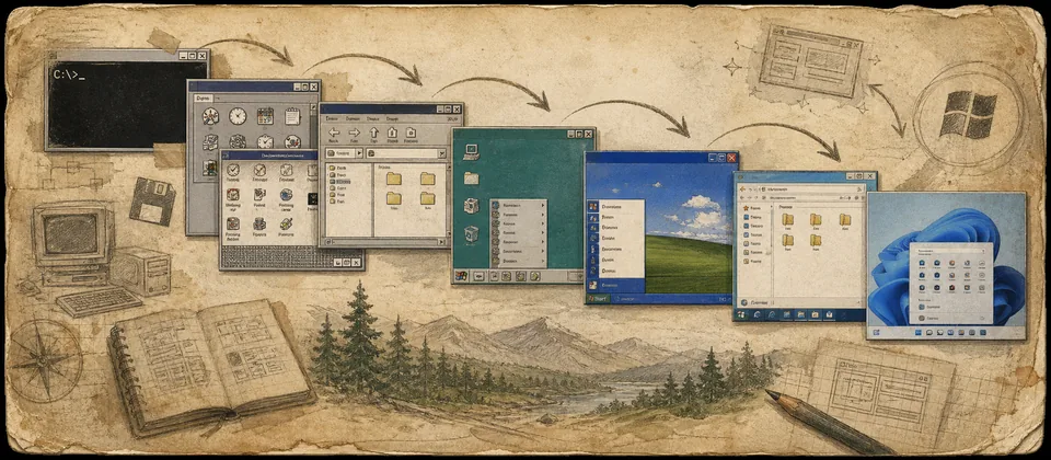Worn journal thumbnail for the Windows UI evolution story