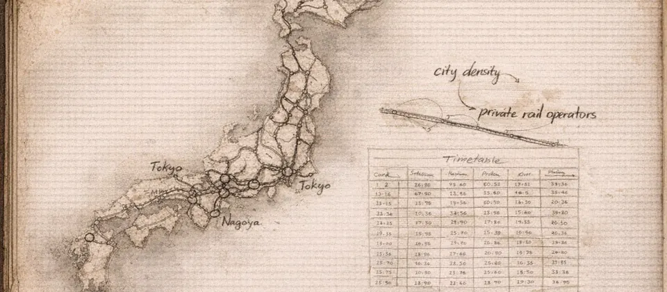 Worn transit journal with rail maps, station nodes, and timetable annotations