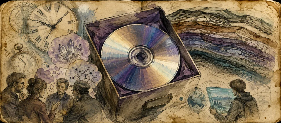 Worn journal thumbnail of an archival optical disc and clocks