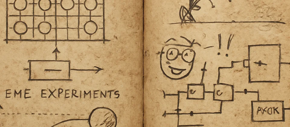 Worn engineering journal page with phased-array antenna diagrams and moon-bounce notes