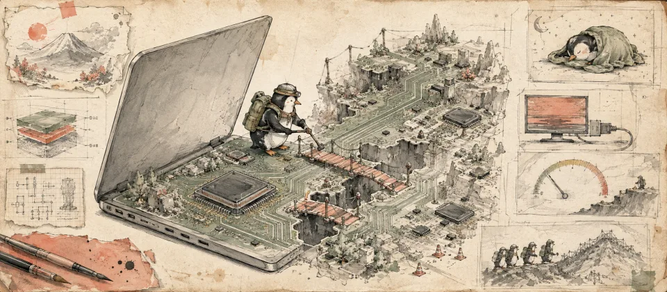 Worn journal thumbnail of Linux explorers crossing Apple silicon