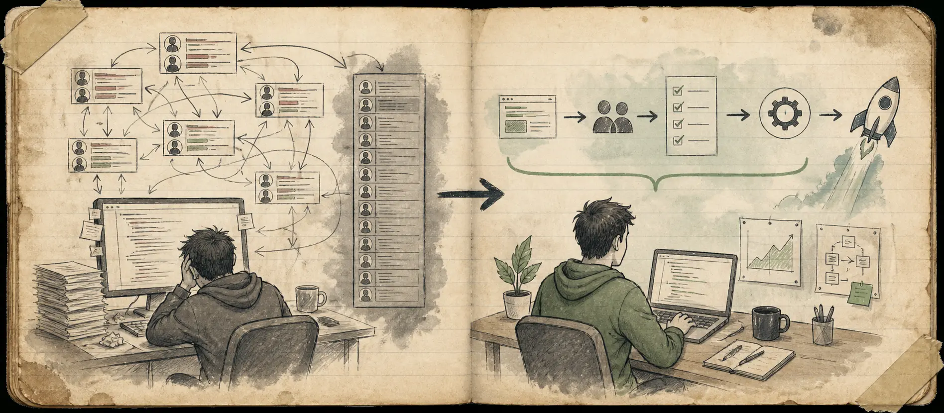 Worn journal thumbnail for the code review bottleneck story