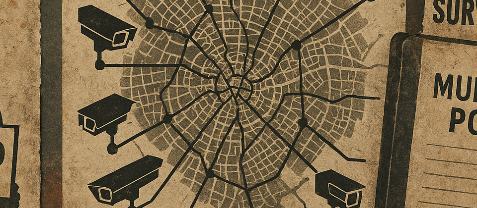 Worn policy notebook collage with camera-network maps and civic privacy clippings