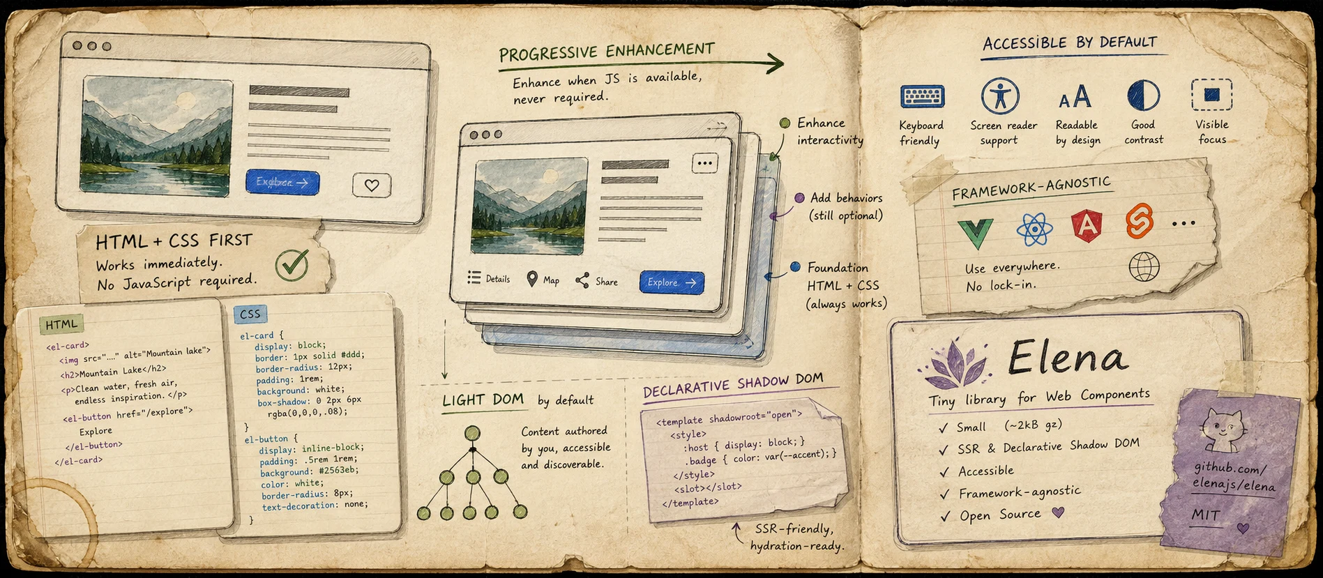Worn journal thumbnail for the progressive web components story