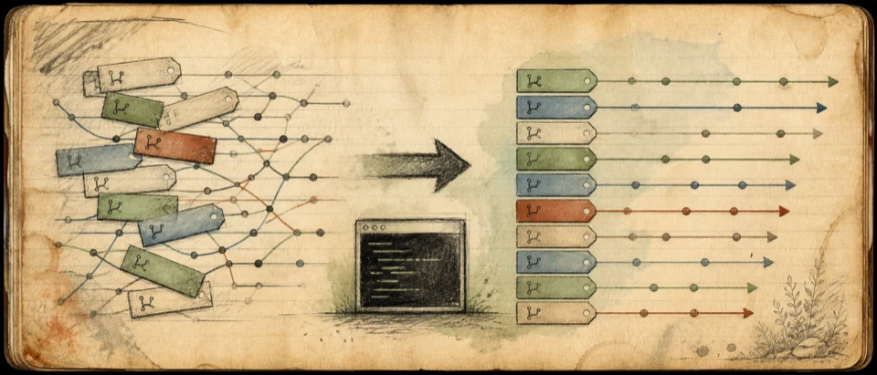 Worn journal thumbnail for the Git branch sorting story