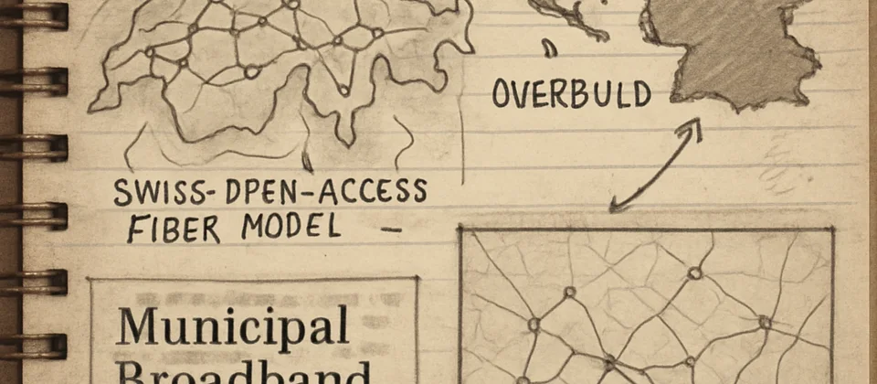 Aged infrastructure notebook with fiber routes, municipal maps, and policy notes